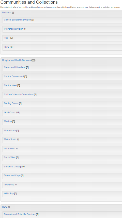 A screen for searching through communities and collections. 