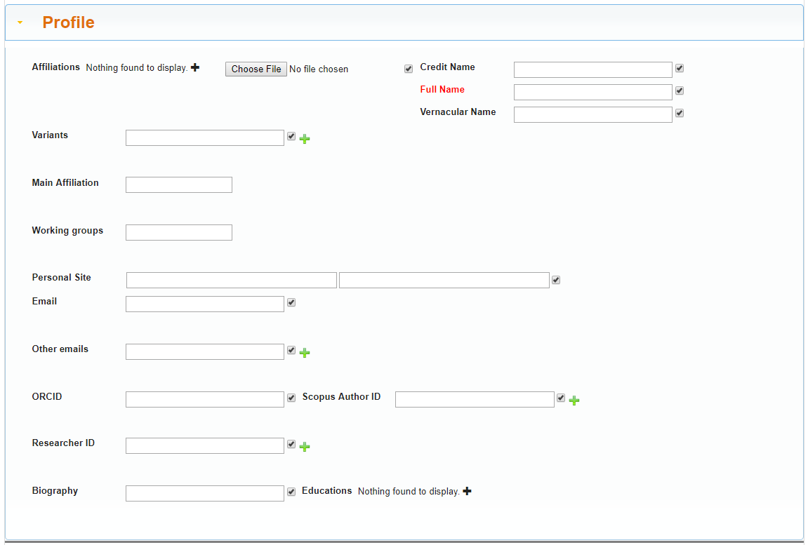 The screen for creating and adding details to a new researcher profile. 