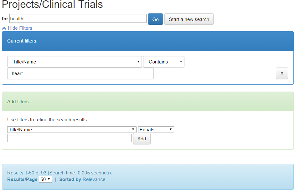 Searching with filters in projects/clinical trials.