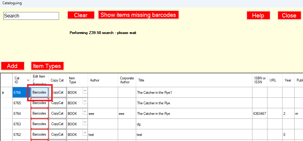 Barcode selection in item row