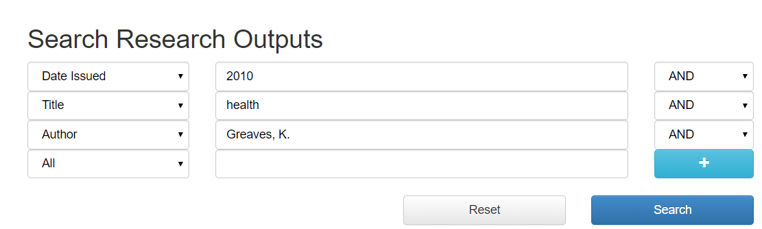The screen for searching research outputs.