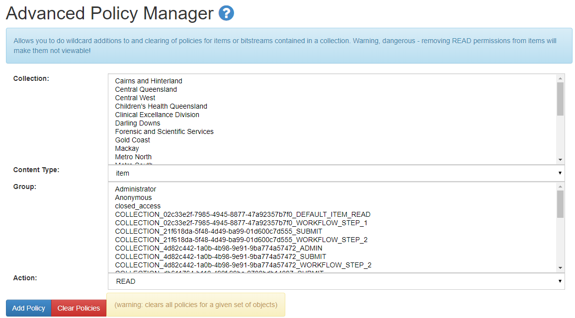 The screen where you can add or remove groups from existing collections.