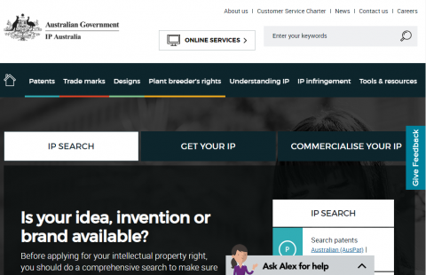 A screenshot of the IP Australia homepage.